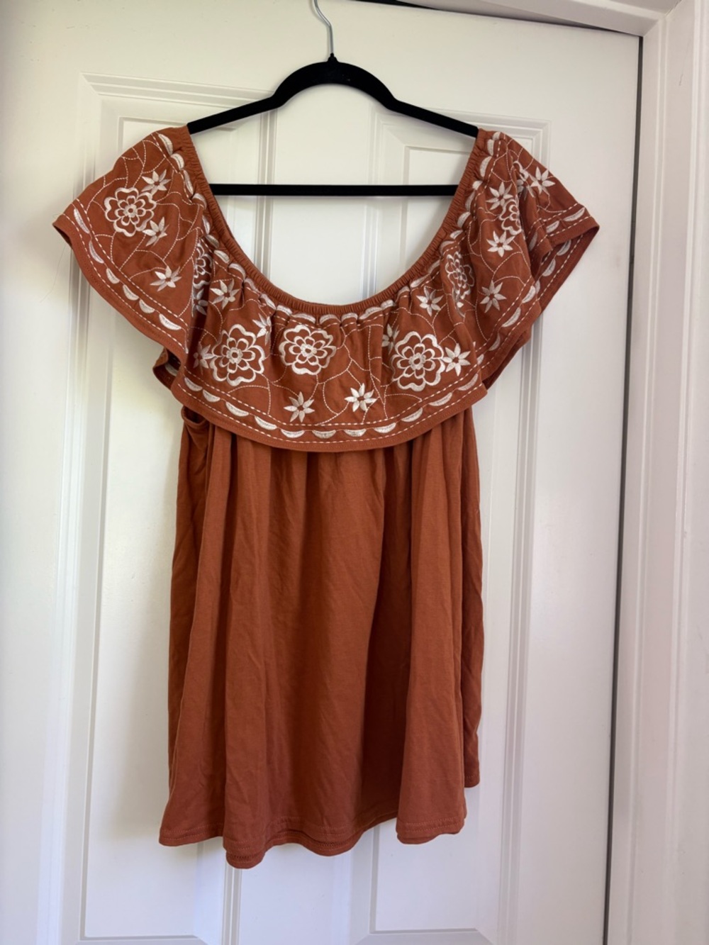 Rust Orange Off-Shoulder Embroidered Peasant Top